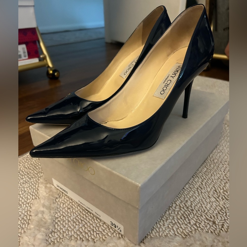 Jimmy Choo Navy Patent Pointed Toe Stiletto Pumps